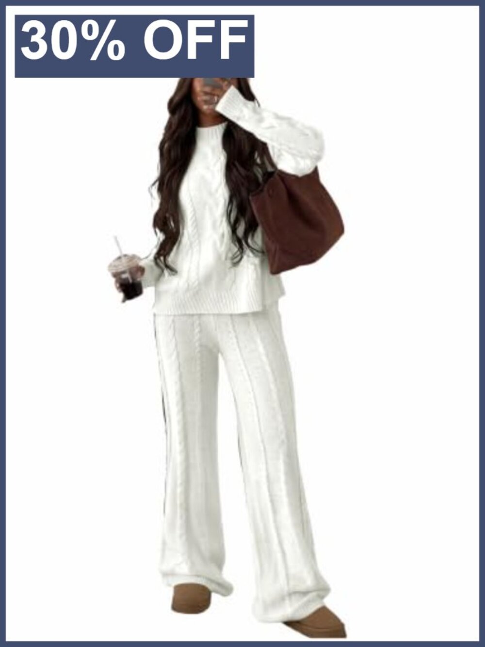 Cable Knit 2 Piece Sweater Set Crew Neck Top Wide Leg Pants Lounge